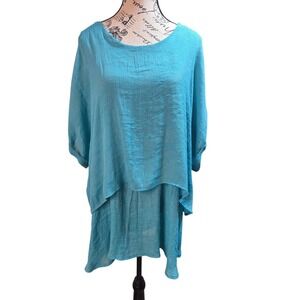 Umgee XL Teal Crinkle Gauze Tunic Top Tiered Boho Lagenlook Oversized XL